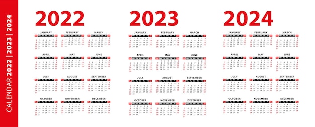 Vector calendar 2022, 2023 and 2024 years isolated on white background. week starts on sunday.