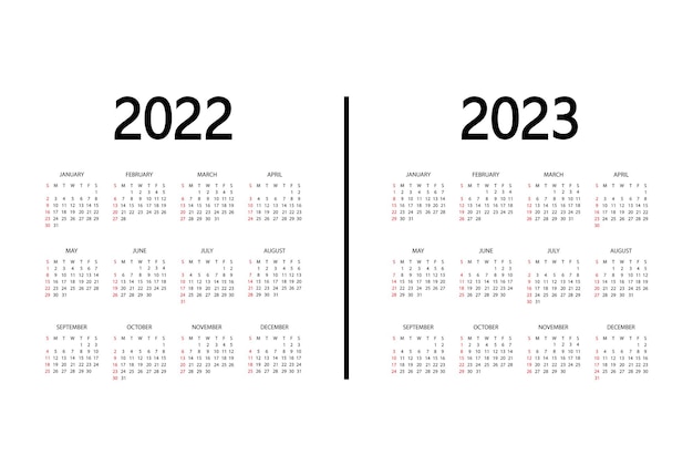 カレンダー20222023年週は日曜日に始まります年次オーガナイザーテンプレートカレンダーモックアップ