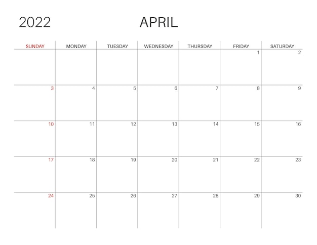 Calendar 2022. April month. Monday week start. Printable calendar template for planners. Week number. Minimalist style.