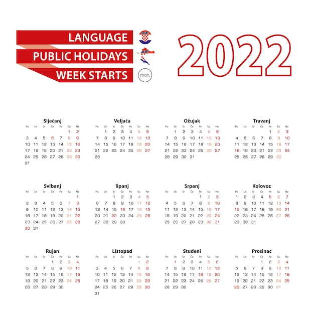 Календарь 2022 года на хорватском языке с государственными праздниками страны Хорватия в 2022 году.