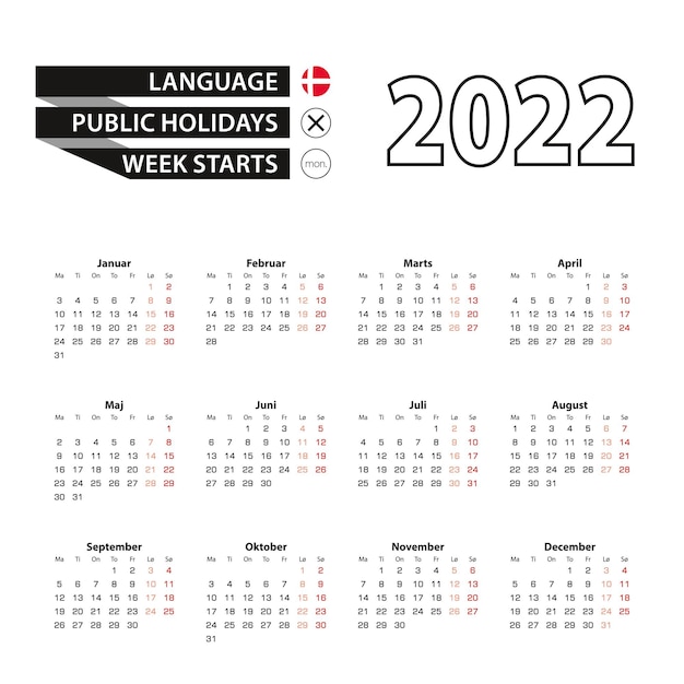 Calendar 2022 in danish language, week starts on monday.