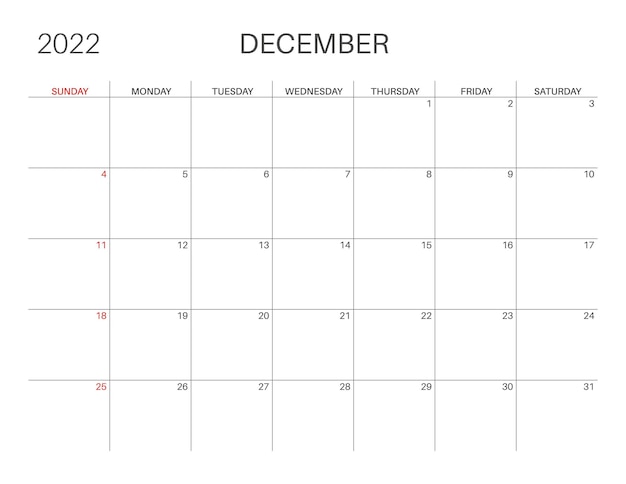 Calendar 2022. December month. Monday week start. Printable calendar template for planners. Week number. Minimalist style.