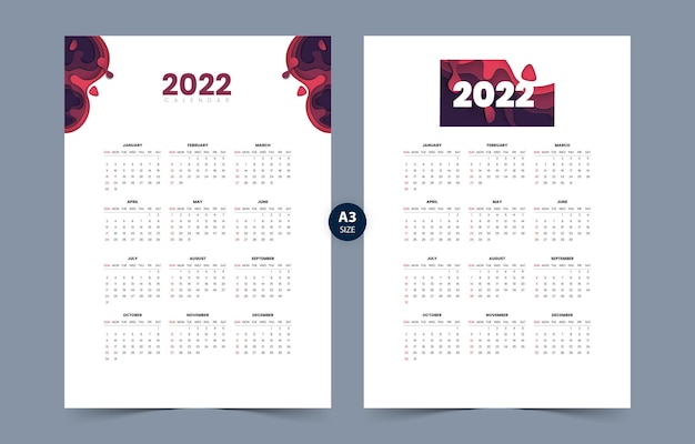 Calendar 2022 design template with paper cut shapes