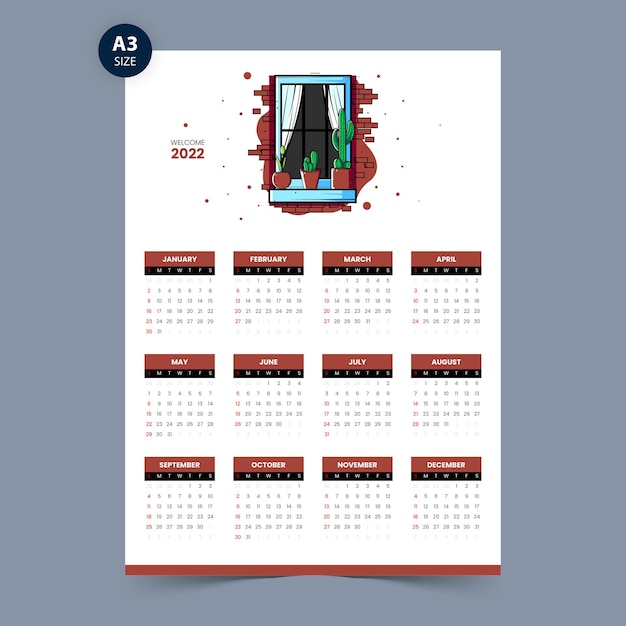 Vettore modello di progettazione del calendario 2022 con illustrazione della finestra