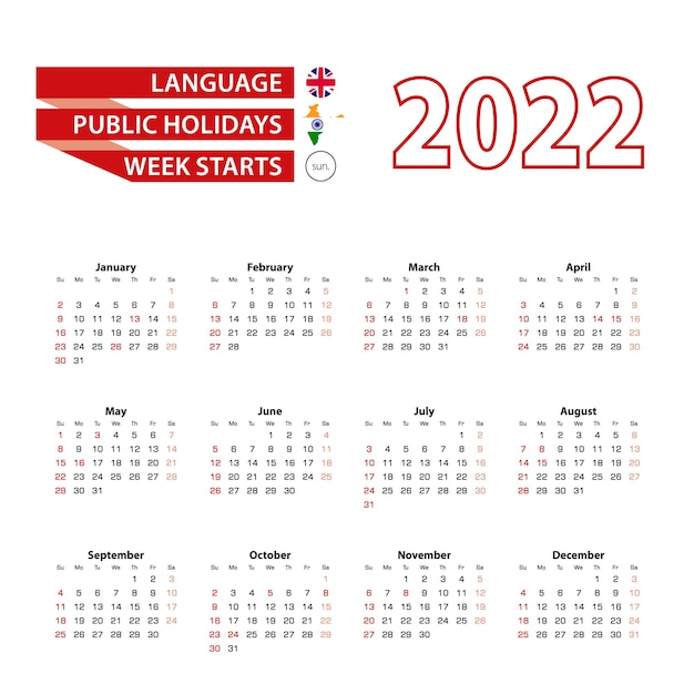 Calendario 2022 in lingua inglese con giorni festivi il paese dell'india nell'anno 2022.