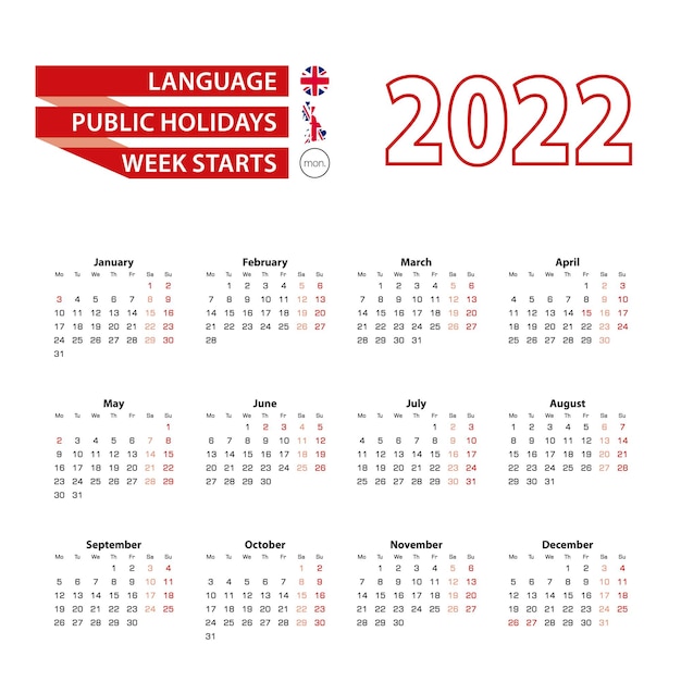 2022年の英国の祝日を含む英語のカレンダー2022。