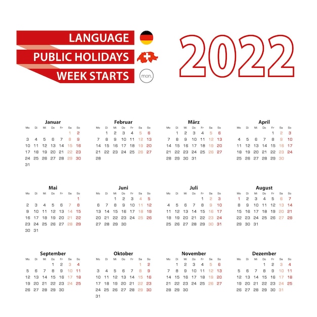 2022年のスイスの国の祝日を含むドイツ語のカレンダー2022。