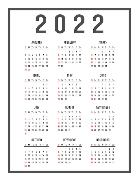 영어로 된 달력 2022. 요일은 맨 위에 있고 주 시작 일요일입니다. 벡터 일러스트 레이 션