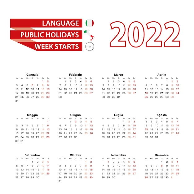 2022年のイタリアの国の祝日を含むイタリア語のカレンダー2022。