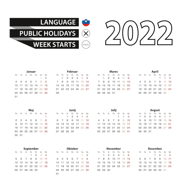 슬로베니아어로 된 달력 2022, 주는 월요일에 시작됩니다.