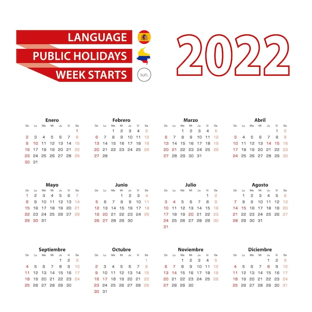 2022年のコロンビアの国の祝日を含むスペイン語のカレンダー2022。