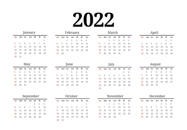 白い背景で隔離された2022年のカレンダー。日曜日から月曜日、ビジネステンプレート。ベクトルイラスト