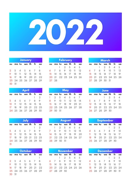 白い背景で隔離の2022年のカレンダー。日曜日から月曜日、ビジネステンプレート。ベクトルイラスト