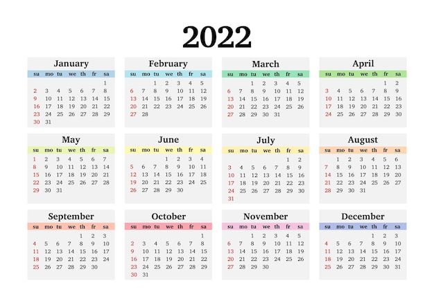 白い背景で隔離の2022年のカレンダー。日曜日から月曜日、ビジネステンプレート。ベクトルイラスト