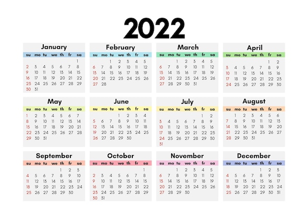 Календарь на 2022 год, изолированные на белом фоне. С воскресенья по понедельник, деловой шаблон. Векторная иллюстрация