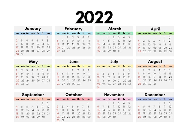 Calendario per il 2022 isolato su uno sfondo bianco. da domenica a lunedì, modello di business. illustrazione vettoriale