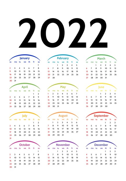 Vettore calendario per il 2022 isolato su uno sfondo bianco. da domenica a lunedì, modello di business. illustrazione vettoriale