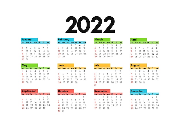 白い背景で隔離の2022年のカレンダー。日曜日から月曜日、ビジネステンプレート。ベクトルイラスト