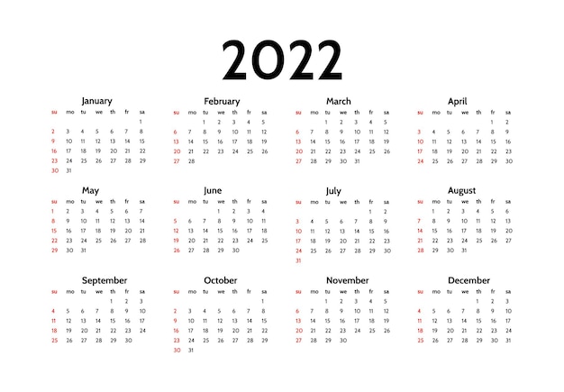 Calendario per il 2022 isolato su uno sfondo bianco. da domenica a lunedì, modello di business. illustrazione vettoriale