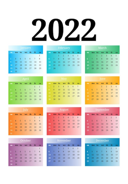 Calendar for 2022 isolated on a white background. Sunday to Monday, business template. Vector illustration