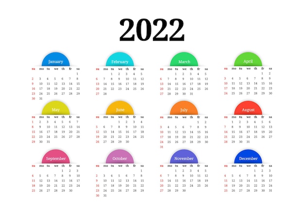 白い背景で隔離の2022年のカレンダー。日曜日から月曜日、ビジネステンプレート。ベクトルイラスト