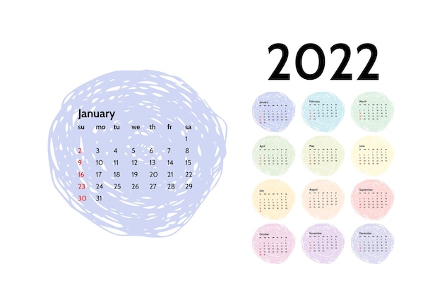 白い背景で隔離の2022年のカレンダー。日曜日から月曜日、ビジネステンプレート。ベクトルイラスト