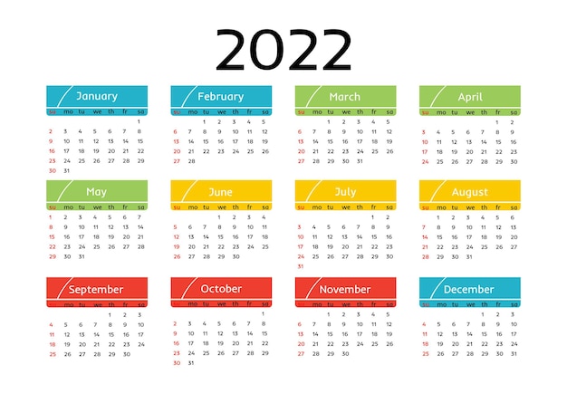 Vettore calendario per il 2022 isolato su uno sfondo bianco. da domenica a lunedì, modello di business. illustrazione vettoriale