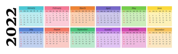 Calendar for 2022 isolated on a white background. Sunday to Monday, business template. Vector illustration