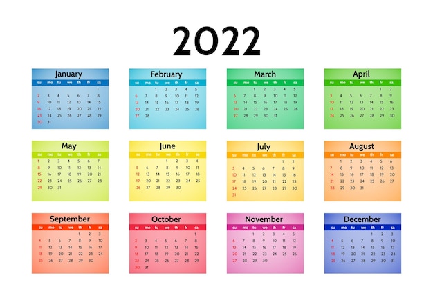 Календарь на 2022 год, изолированные на белом фоне. С воскресенья по понедельник, деловой шаблон. Векторная иллюстрация