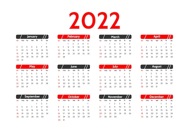 Calendar for 2022 isolated on a white background. Sunday to Monday, business template. Vector illustration