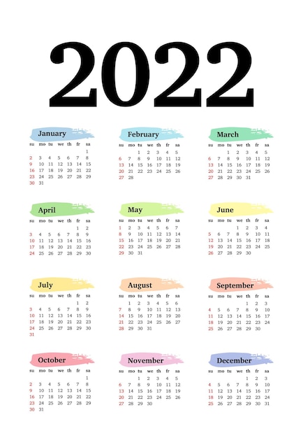 Календарь на 2022 год, изолированные на белом фоне. С воскресенья по понедельник, деловой шаблон. Векторная иллюстрация