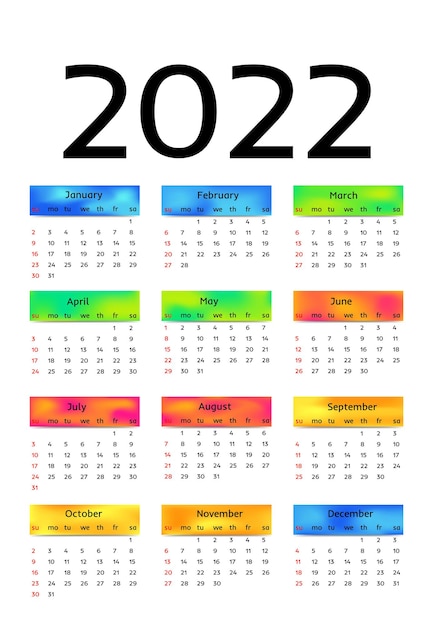 Calendar for 2022 isolated on a white background. Sunday to Monday, business template. Vector illustration