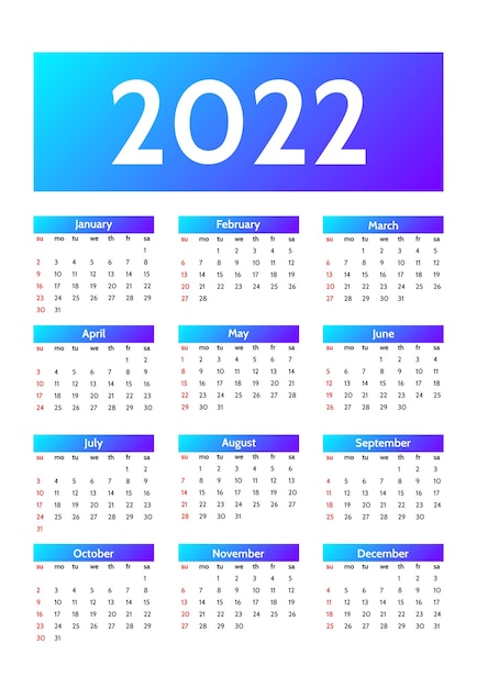 Календарь на 2022 год, изолированные на белом фоне. С воскресенья по понедельник, деловой шаблон. Векторная иллюстрация