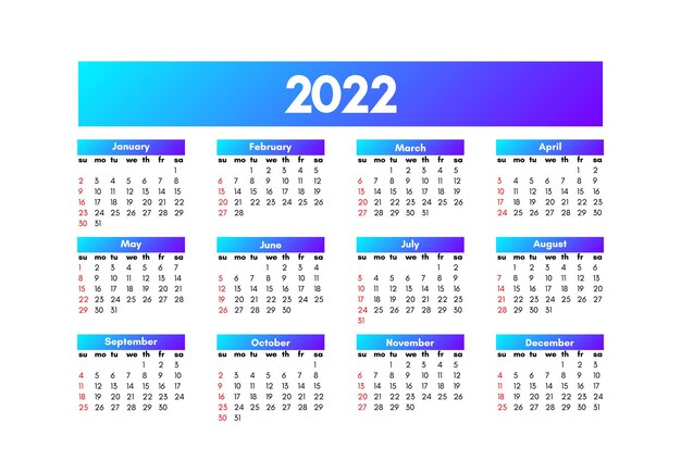 白い背景で隔離された2022年のカレンダー。日曜日から月曜日、ビジネステンプレート。ベクトルイラスト