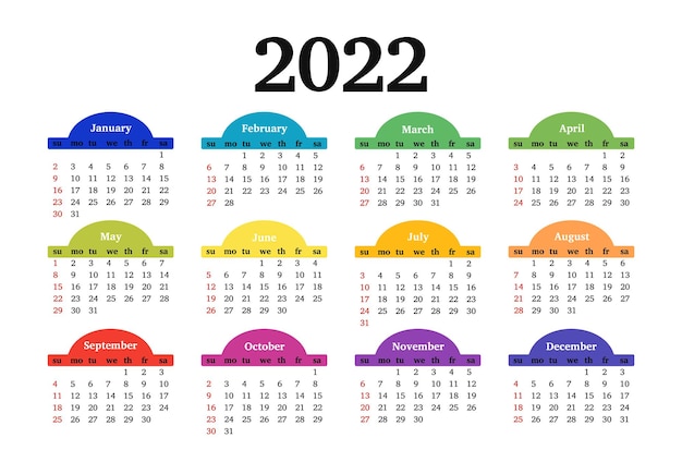 Calendario per il 2022 isolato su uno sfondo bianco. da domenica a lunedì, modello di business. illustrazione vettoriale
