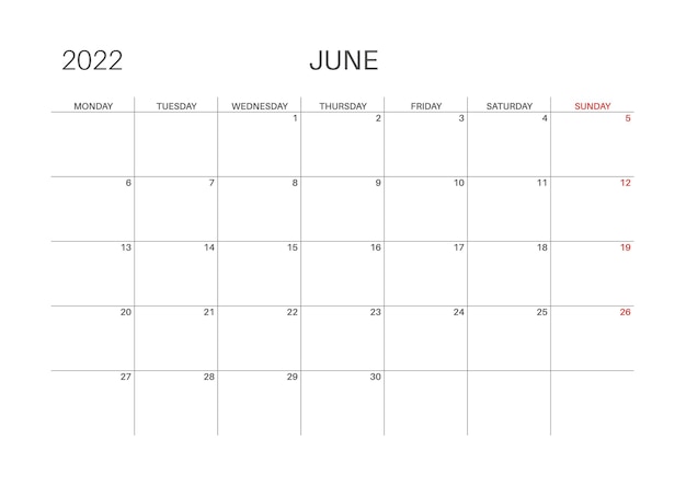 カレンダー2022。6月。月曜日の週が始まります。プランナーのための印刷可能なカレンダーテンプレート。週番号。ミニマリストスタイル。