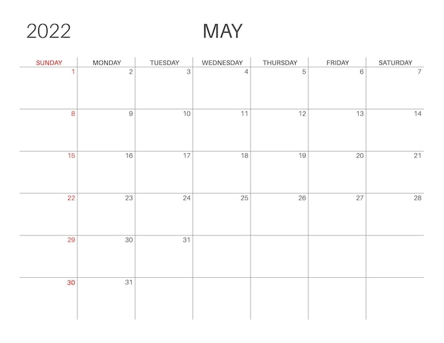 Vettore calendario 2022. mese di maggio. lunedì inizio settimana. modello di calendario stampabile per i pianificatori. numero della settimana. stile minimalista.