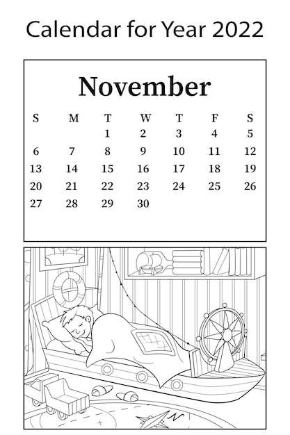 Calendar for 2022 Month of November Vector coloring book Design of a children room for boy child