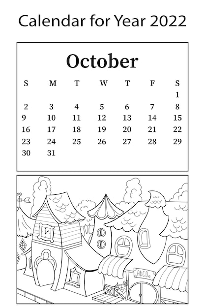 Calendario per il mese di ottobre 2022 libro da colorare vettoriale case per bambini per la strada della città degli gnomi