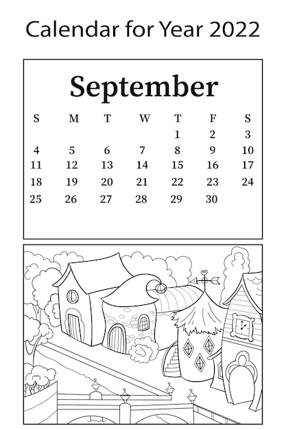 Calendar for 2022 Month of September Vector coloring book Children houses for gnomes city street