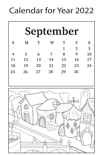 Calendar for 2022 month of september vector coloring book children houses for gnomes city street