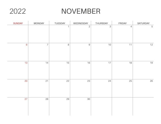 カレンダー2022。11月。月曜日の週が始まります。プランナーのための印刷可能なカレンダーテンプレート。週番号。ミニマリストスタイル。