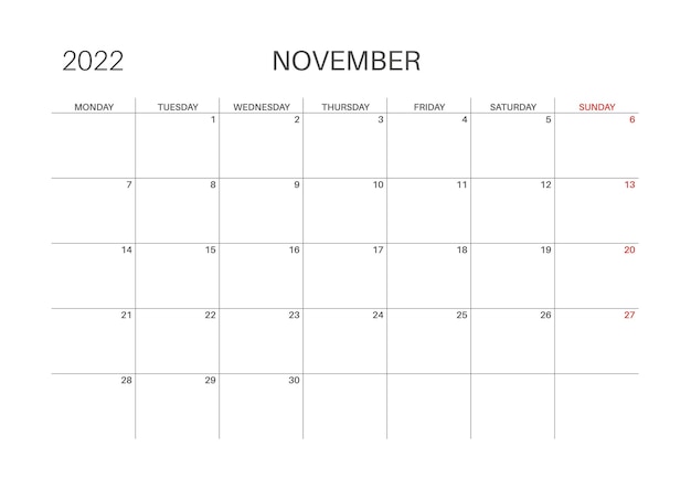 カレンダー2022。11月。月曜日の週が始まります。プランナーのための印刷可能なカレンダーテンプレート。週番号。ミニマリストスタイル。