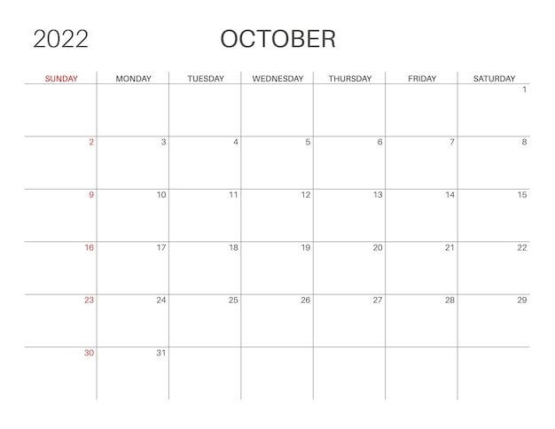 Calendar 2022. October month. Monday week start. Printable calendar template for planners. Week number. Minimalist style.