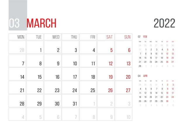 달력 2022 플래너 기업 템플릿 디자인 3월 달 주는 월요일에 시작 기본 그리드