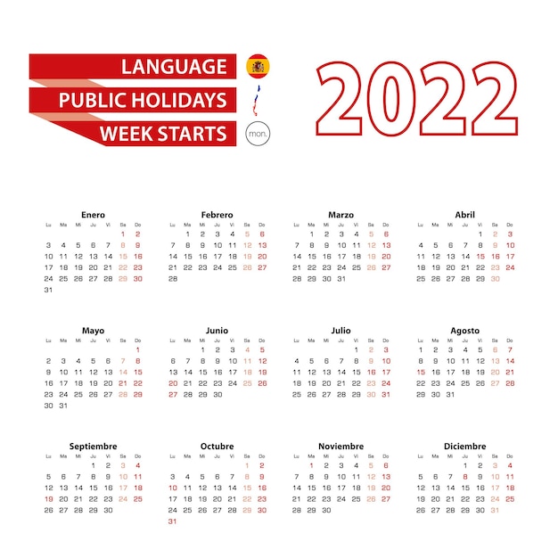 Calendario 2022 in lingua spagnola con giorni festivi il paese del cile nell'anno 2022.