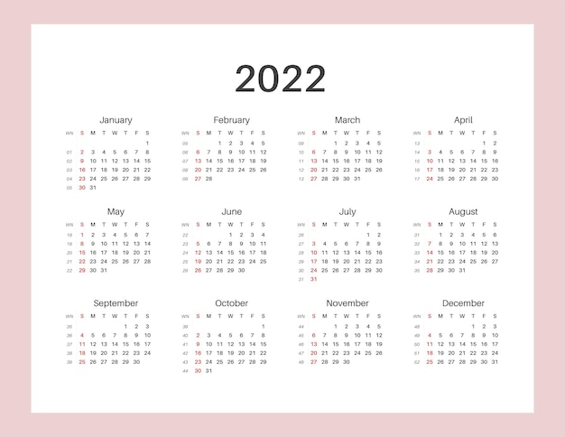 Calendario 2022. inizio settimana domenica. formato lettera. disposizione orizzontale dell'album. modello di calendario stampabile per i pianificatori. numero della settimana. tipografia in stile grunge.