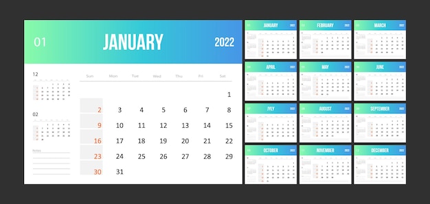 Calendar 2022 template layout.