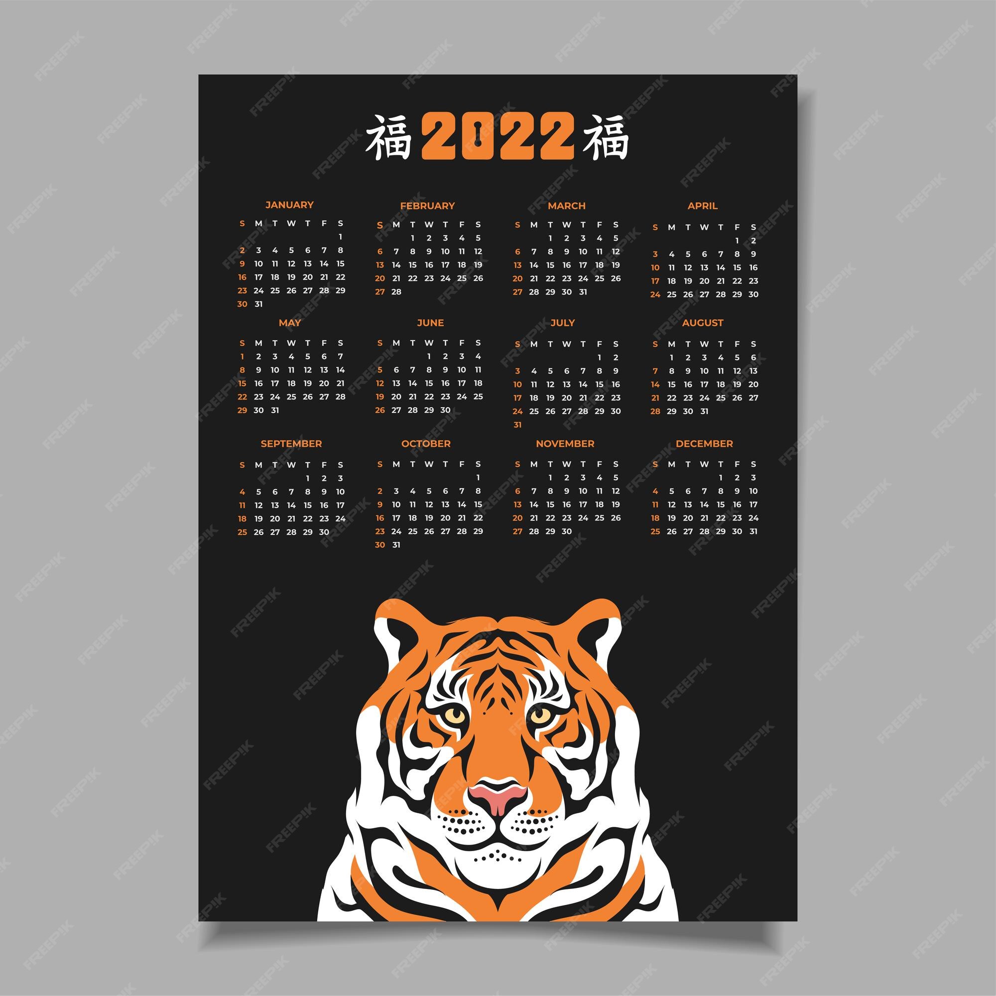 Vector Calendar Year Tiger 2022 According Chinese Calendar Week Starts  Stock Vector by ©kabolill 479172590