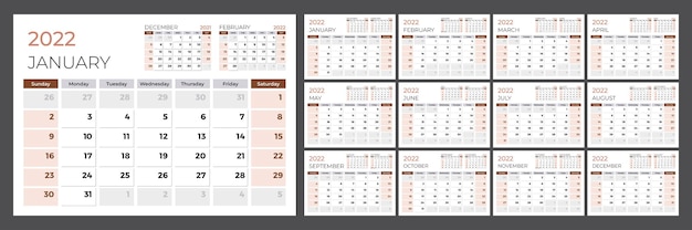 Vector calendar for 2022. week starts on sunday. set of 12 month pages. vector design template.